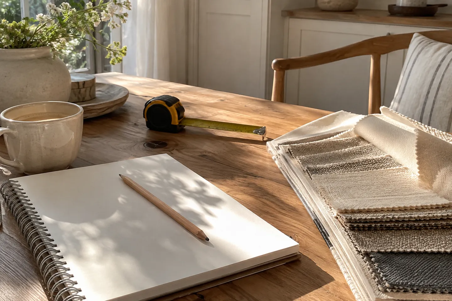 A notebook, a fabric swatch book, a pencil and a tape measure on a wooden table