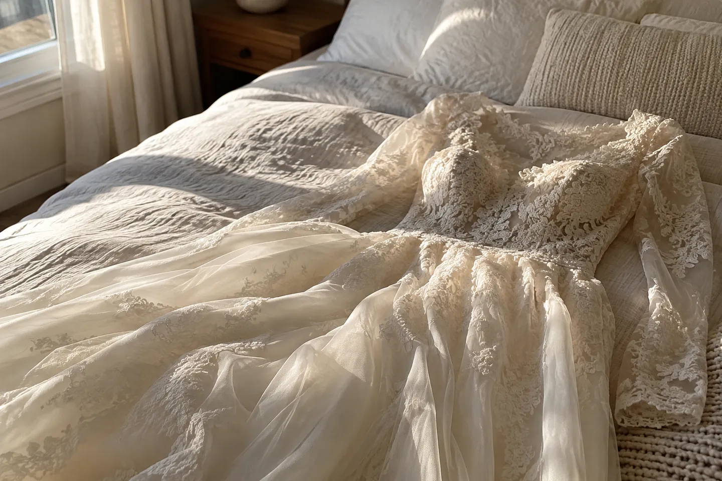 A bride's hands smoothing the lace bodice of an ivory gown in a sunlit bedroom