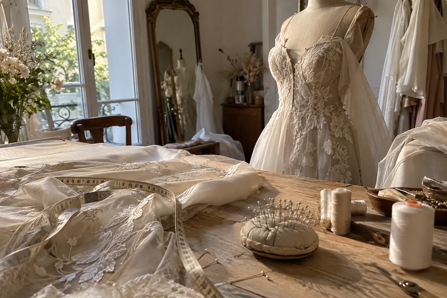 A seamstress worktable with a measuring tape, pins and a half-altered ivory gown on a dress form