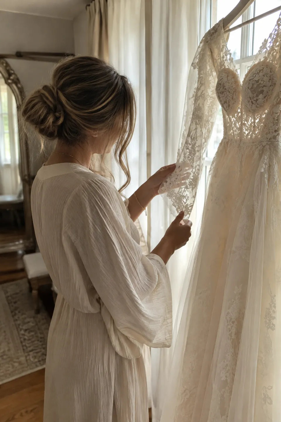 A woman touching the lace sleeve of an ivory gown beside a window