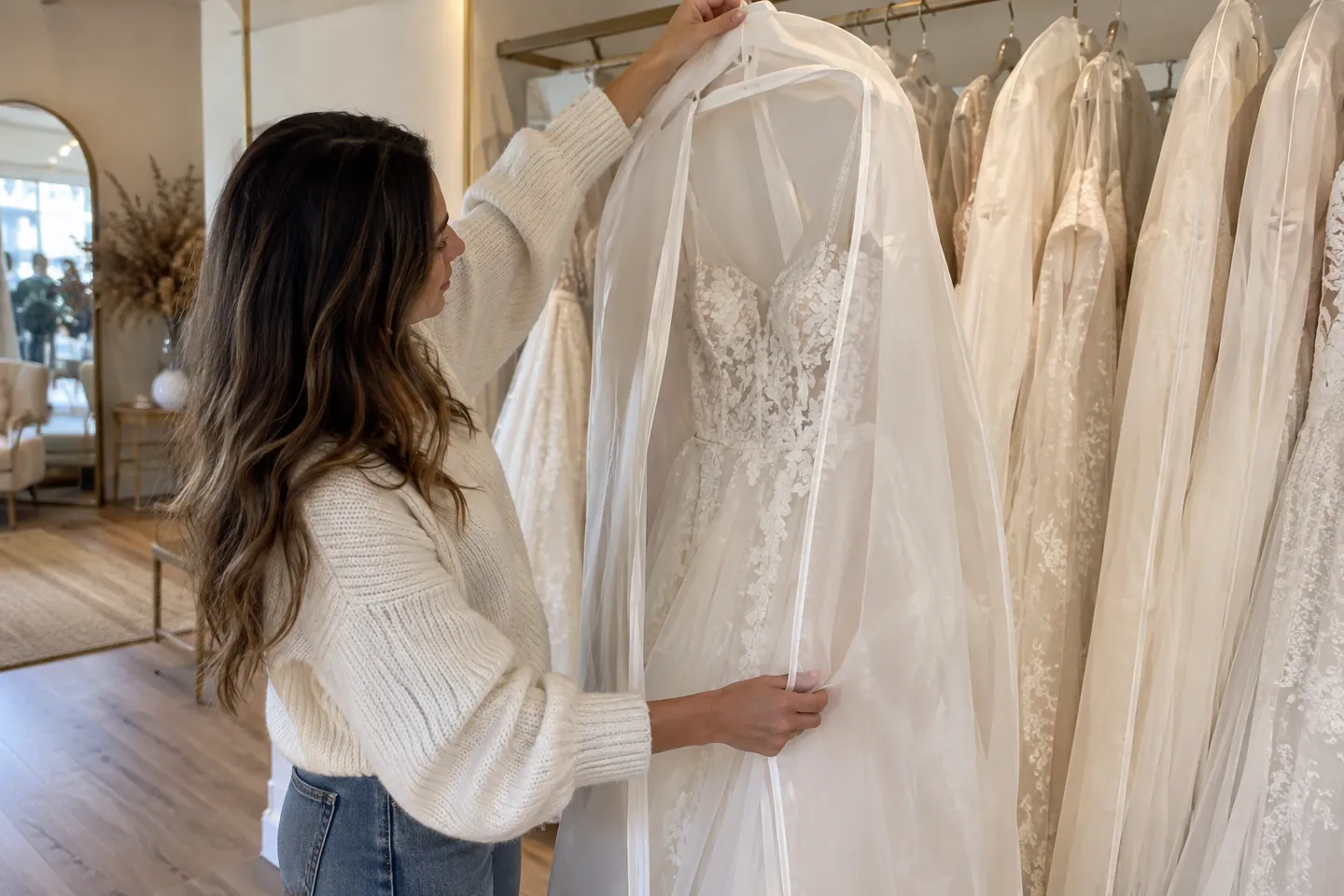 A woman lifting a wedding gown in a clean garment bag from a boutique rack