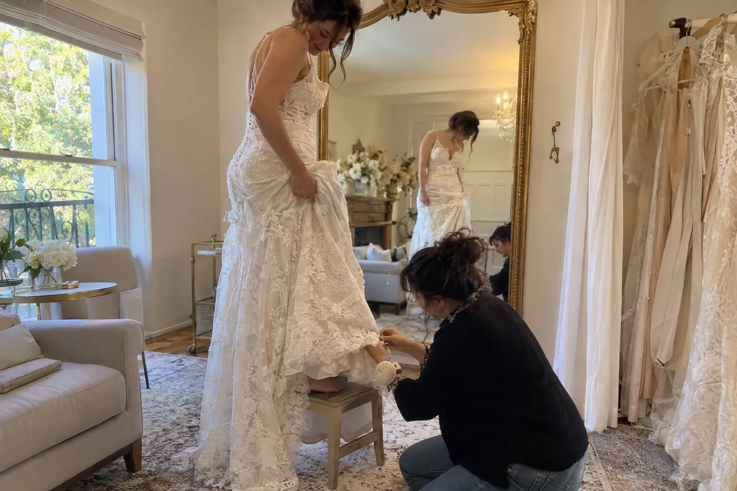 A bride standing on a stool in a fitting room while a seamstress pins the hem of an ivory lace gown
