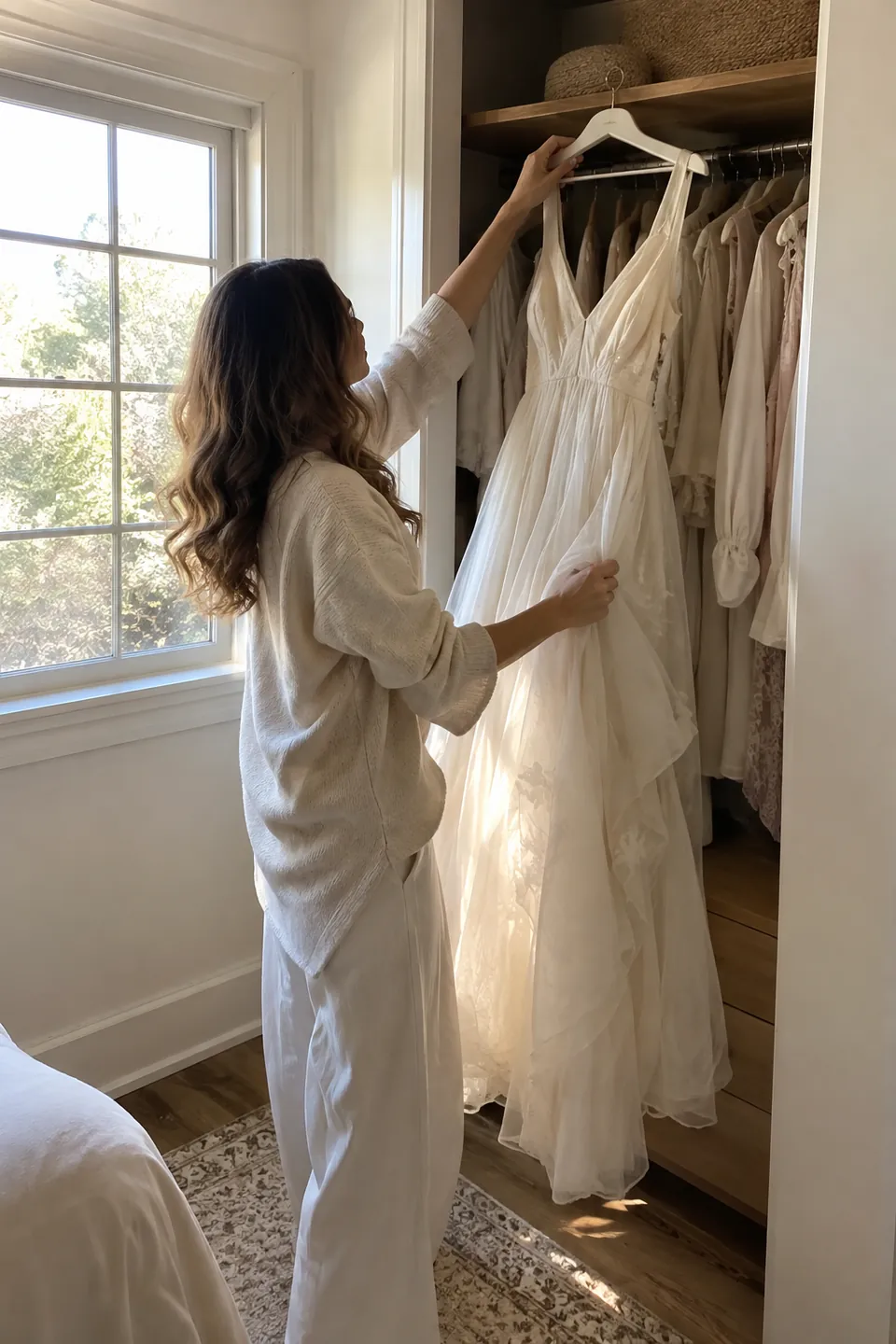 A woman hanging a tulle wedding gown in a closet by a window