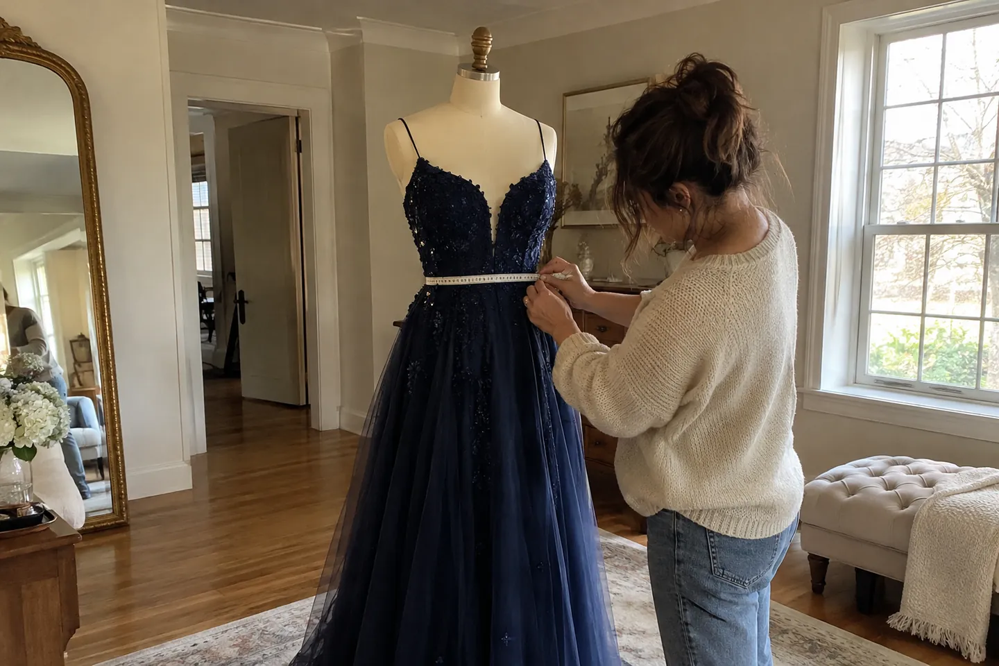 A tape measure wrapped around a dress form wearing a navy floor-length formal gown