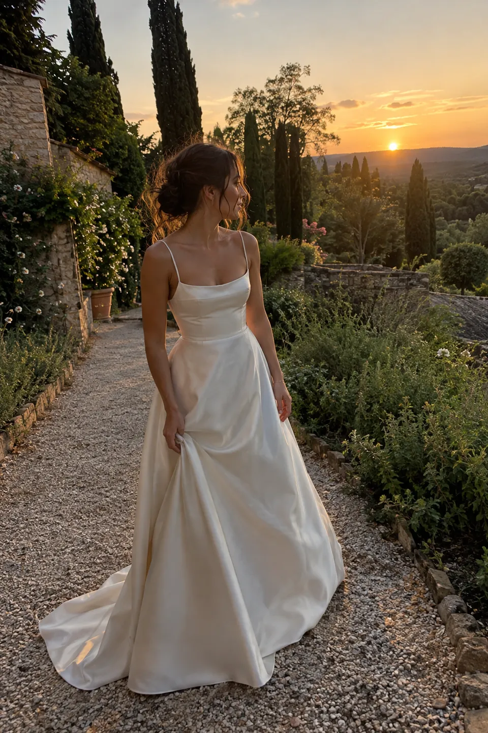 A woman in a satin A-line gown on a gravel garden path at sunset