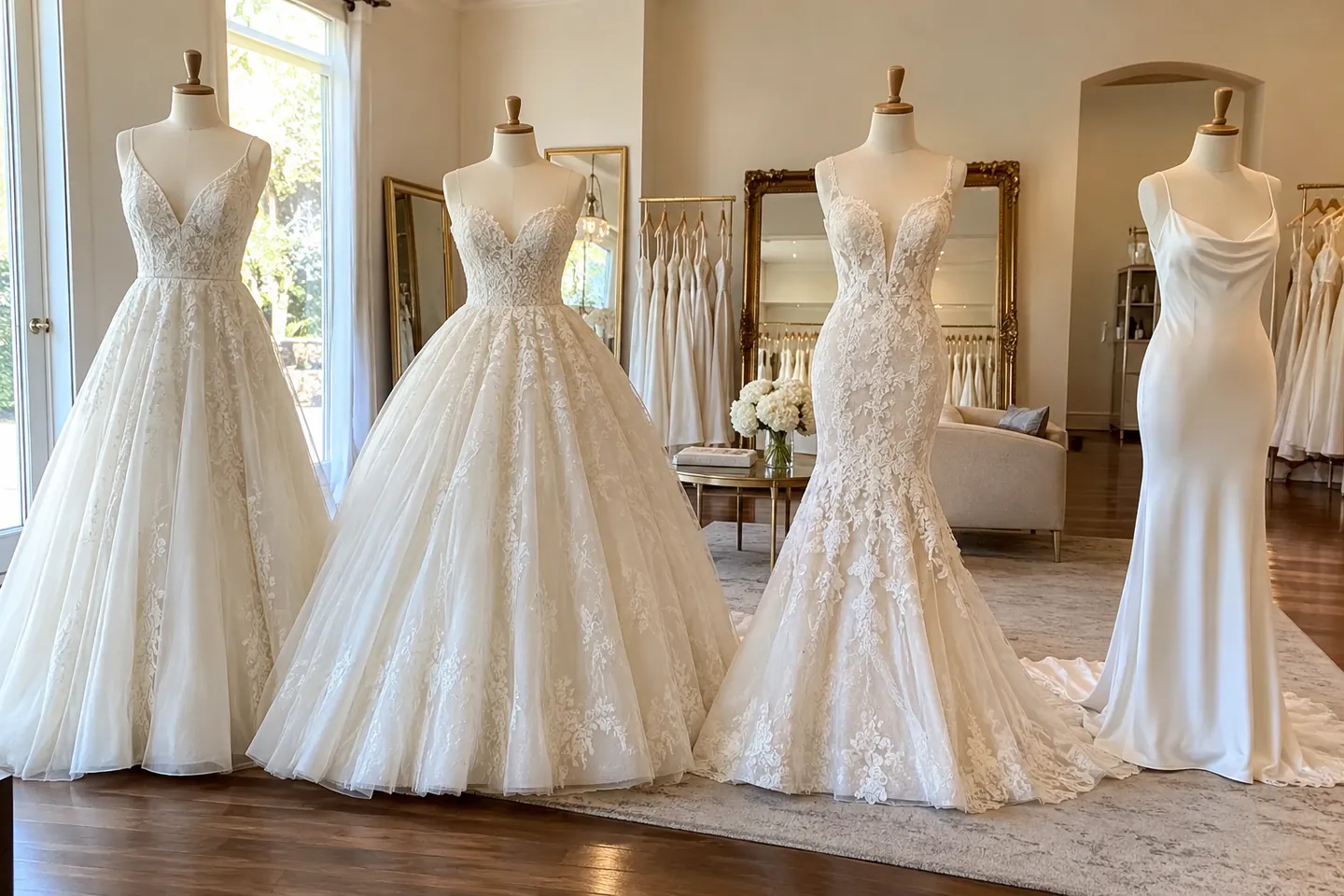 Four ivory wedding gowns on mannequins showing A-line, ball gown, mermaid and sheath silhouettes