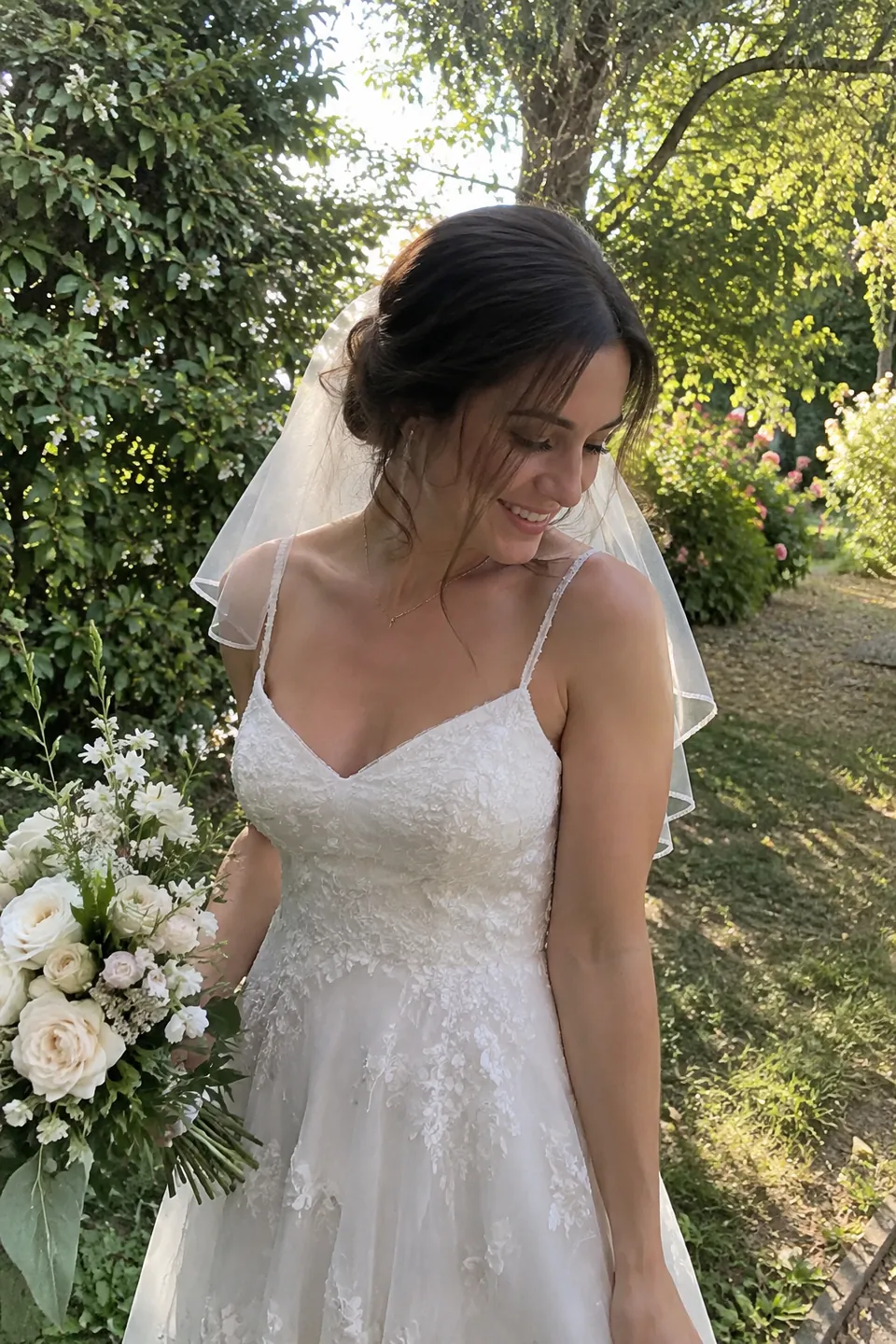 A bride in a lace gown wearing a short two-tier veil that reaches the shoulders, in a garden