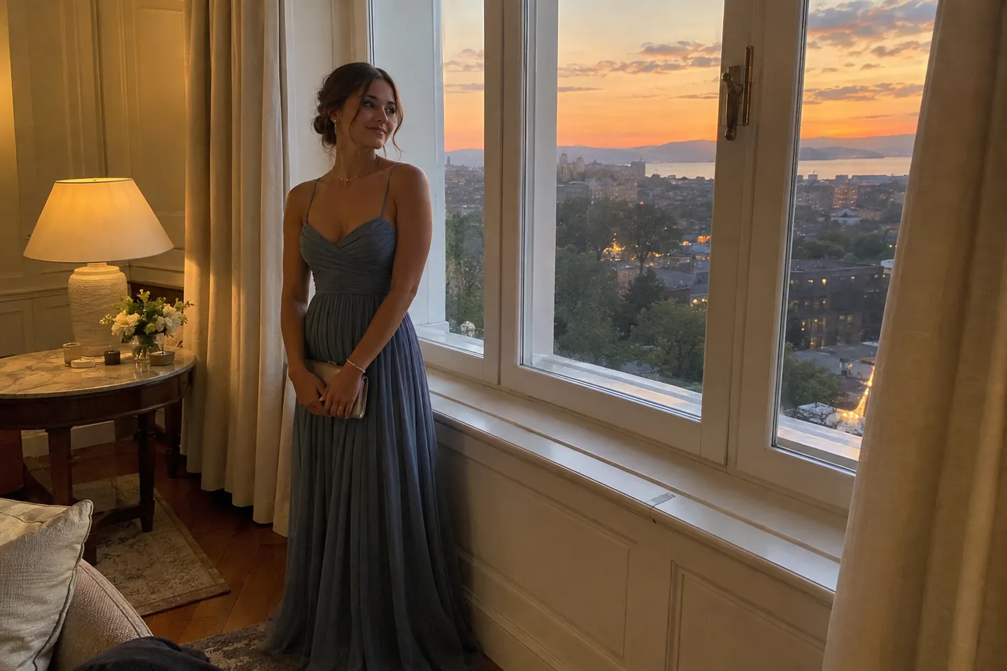 A young woman in a dusty-blue formal gown standing by a window at dusk